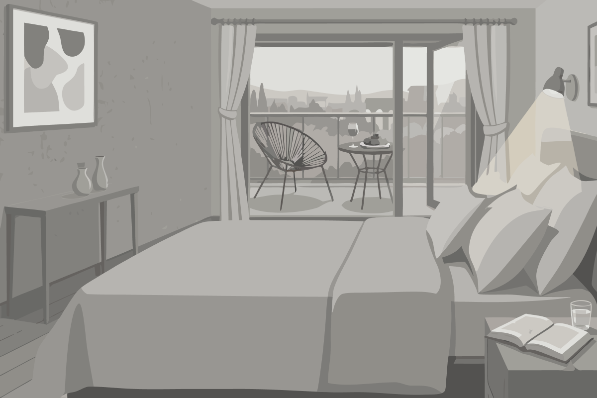 Deluxe Corner Suite Old Port View with king bed, marble bathroom and wooden floor